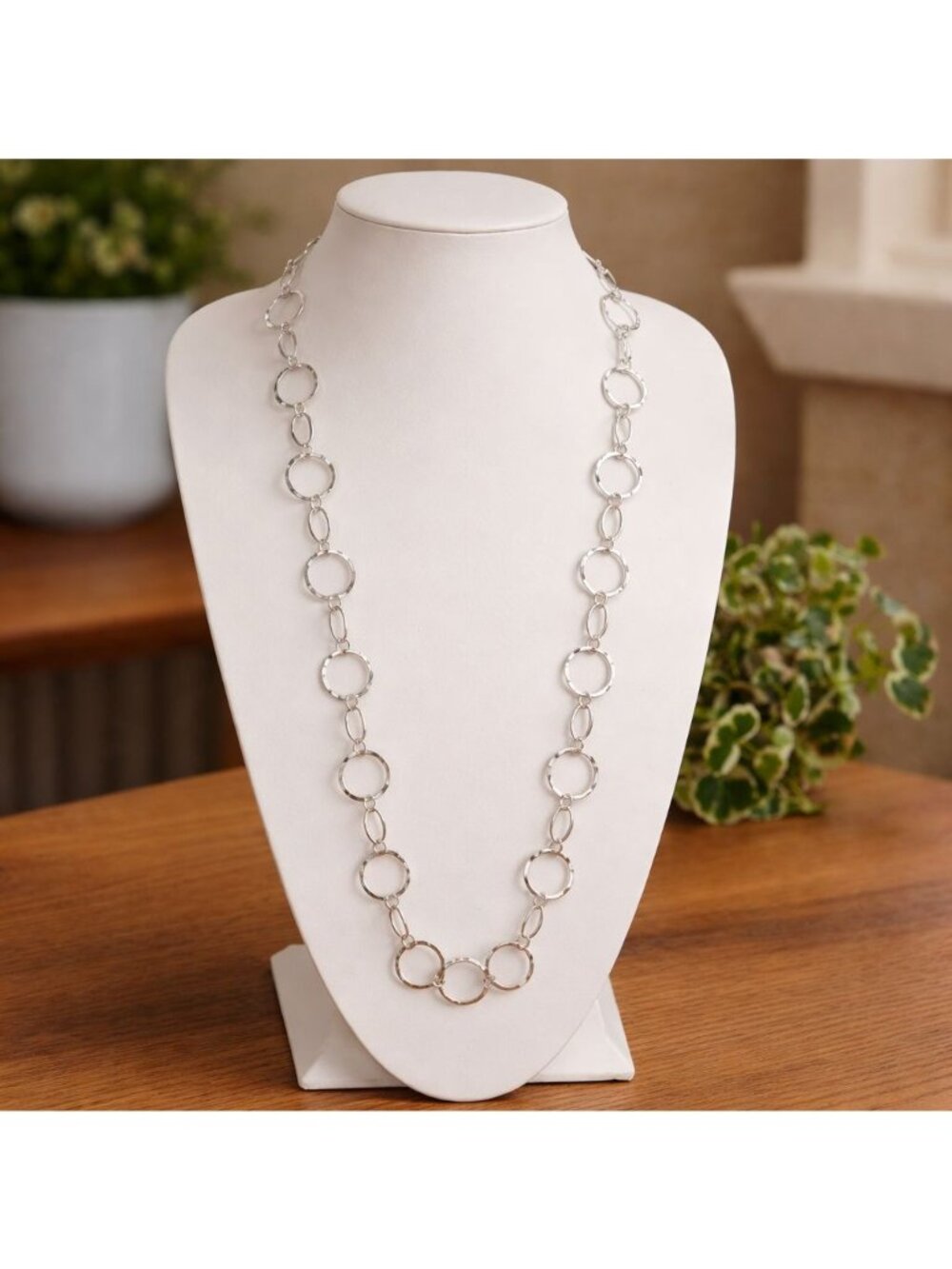 Silver Tone Hammered Circle Link Necklace Handcrafted Minimalist Design 37 in